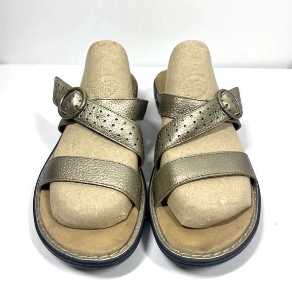 Clarks Bendables Leather Sandals Metallic Gold Open Toe Slide Slip On Size 10 - Picture 2 of 6